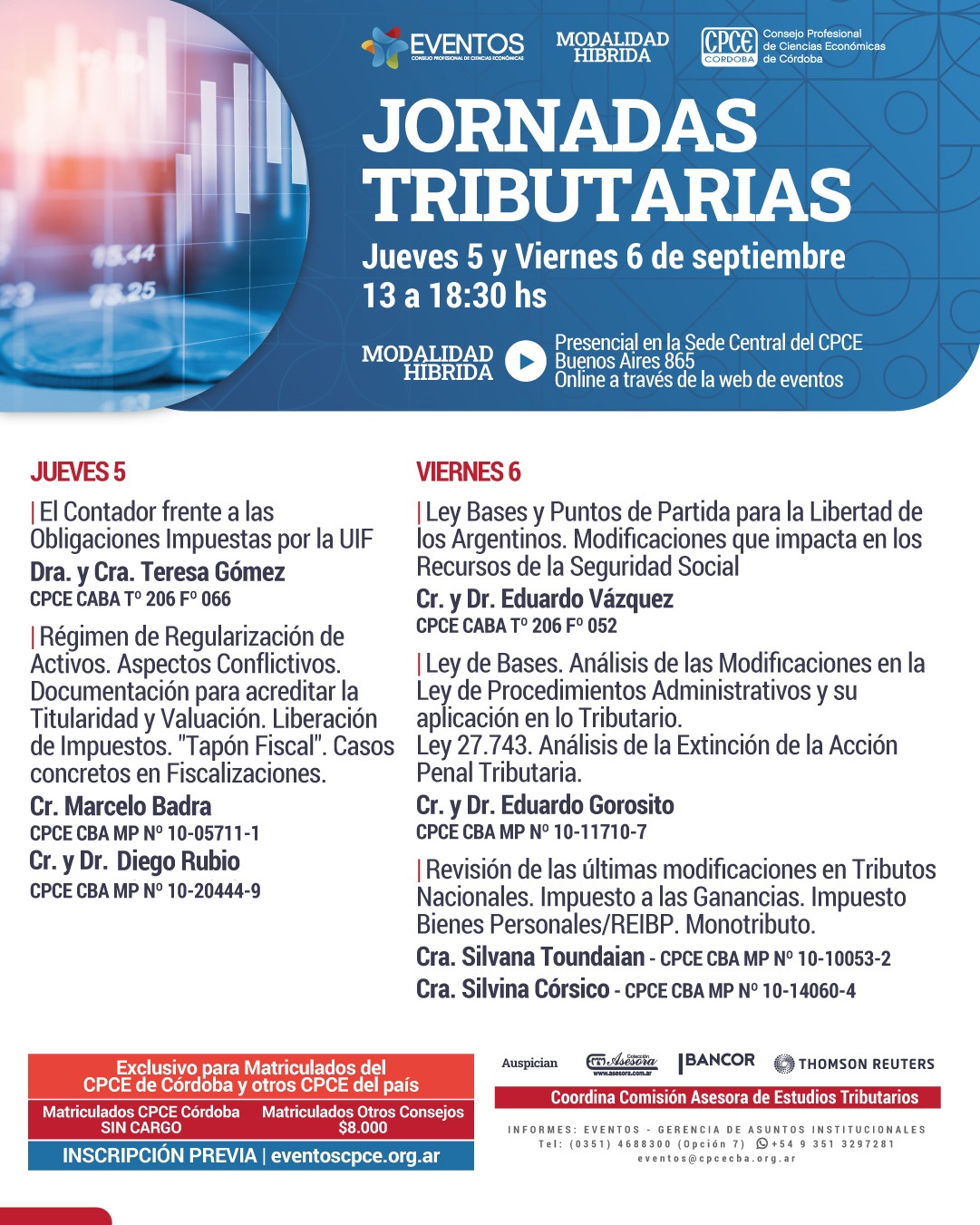 Jornadas Tributarias 5 y 6/09/24 de 13.00 a 18.30hs. CPCE CORDOBA